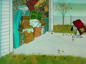 Movie still from “A Charlie Brown Thanksgiving” (1973), directed by Phil Roman – An animated picture of a dog and a pile of furniture; Extreme Wide shot, High angle