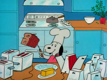 Movie still from “A Charlie Brown Thanksgiving” (1973), directed by Phil Roman – A painting of a dog cooking in the kitchen; Extreme Wide shot, Overhead angle