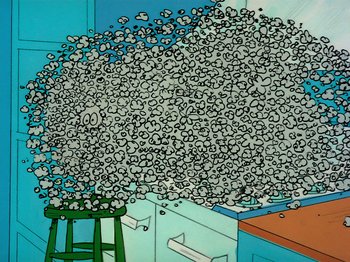 Movie still from “A Charlie Brown Thanksgiving” (1973), directed by Phil Roman – An artistic drawing of a bunch of skulls in a room; Extreme Wide shot, High angle