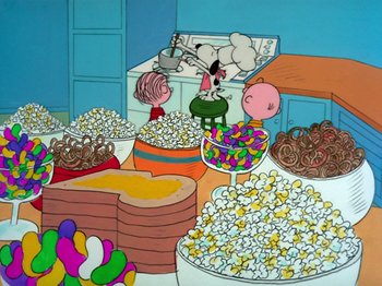 Movie still from “A Charlie Brown Thanksgiving” (1973), directed by Phil Roman – A painting of a charlie brown and snoopy movie scene; Extreme Wide shot, High angle