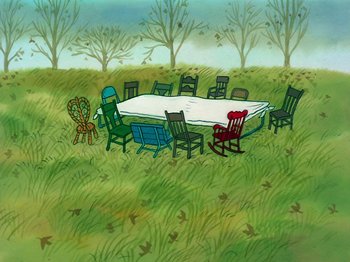 Movie still from “A Charlie Brown Thanksgiving” (1973), directed by Phil Roman – An illustration of a table and chairs set up for a party; Extreme Wide shot, High angle
