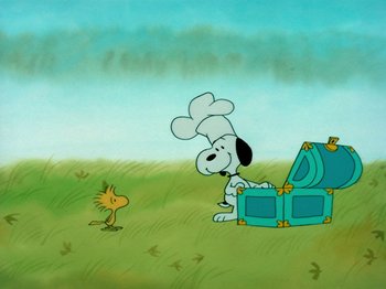 Movie still from “A Charlie Brown Thanksgiving” (1973), directed by Phil Roman – A cartoon of a dog looking at a chest of gold; Extreme Wide shot, High angle