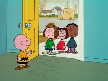 Movie still from “A Charlie Brown Thanksgiving” (1973), directed by Phil Roman – A group of people standing in front of an open door; Extreme Wide shot, High angle