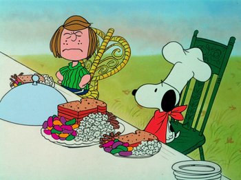 Movie still from “A Charlie Brown Thanksgiving” (1973), directed by Phil Roman – A charlie brown and snoopy cartoon scene; Wide shot, High angle