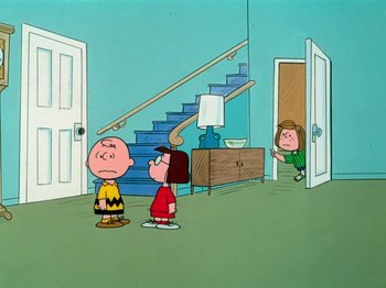 Movie still from “A Charlie Brown Thanksgiving” (1973), directed by Phil Roman – A charlie brown and the gang are in a house; Extreme Wide shot, High angle
