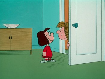 Movie still from “A Charlie Brown Thanksgiving” (1973), directed by Phil Roman – A couple of people standing next to each other in front of a door; Extreme Wide shot, Over the shoulder angle