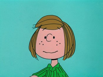 Movie still from “A Charlie Brown Thanksgiving” (1973), directed by Phil Roman – A drawing of a woman with a green shirt and brown hair; Close Up shot, High angle