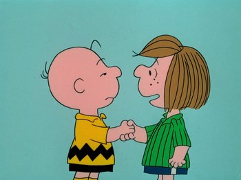 Movie still from “A Charlie Brown Thanksgiving” (1973), directed by Phil Roman – A couple of people shaking hands in front of each other; Medium shot, High angle