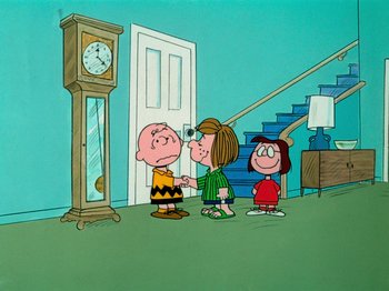 Movie still from “A Charlie Brown Thanksgiving” (1973), directed by Phil Roman – A group of people standing next to each other in front of a grandfather clock; Extreme Wide shot, High angle
