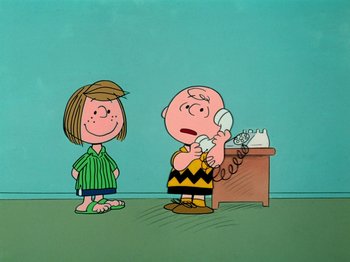 Movie still from “A Charlie Brown Thanksgiving” (1973), directed by Phil Roman – A charlie brown and a girl talking on the phone; Extreme Wide shot, High angle
