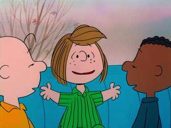 Movie still from “A Charlie Brown Thanksgiving” (1973), directed by Phil Roman – A group of people standing next to each other in a room; Medium shot, High angle