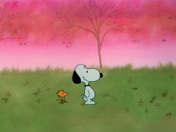 Movie still from “A Charlie Brown Thanksgiving” (1973), directed by Phil Roman – A painting of a dog and a bird in a grassy field; Extreme Wide shot, High angle