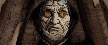 Movie still from “A Christmas Carol” (2009), directed by Robert Zemeckis – An illustration of an old man wearing a mask; Extreme Close Up shot, Overhead angle