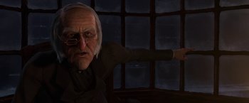 Movie still from “A Christmas Carol” (2009), directed by Robert Zemeckis – An old man with glasses and a white beard; Close Up shot, Low angle