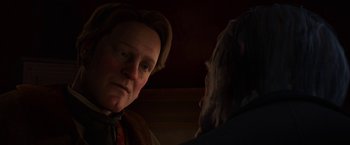 Movie still from “A Christmas Carol” (2009), directed by Robert Zemeckis – A man with a beard and a hat on talking to another man; Close Up shot, Over the shoulder angle