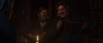 Movie still from “A Christmas Carol” (2009), directed by Robert Zemeckis – A painting of two men standing next to a lit candle; Medium shot, Low angle
