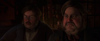 Movie still from “A Christmas Carol” (2009), directed by Robert Zemeckis – A man with a beard and mustache and a man with a beard and mustache; Close Up shot, Over the shoulder angle