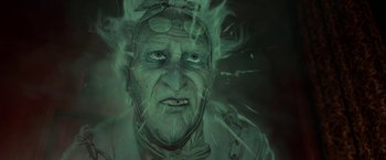 Movie still from “A Christmas Carol” (2009), directed by Robert Zemeckis – An old man with green smoke coming out of his head; Close Up shot, Low angle