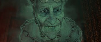 Movie still from “A Christmas Carol” (2009), directed by Robert Zemeckis – An old man with a chain around his neck; Close Up shot, High angle