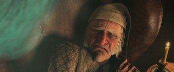 Movie still from “A Christmas Carol” (2009), directed by Robert Zemeckis – An old man wearing a white hat and looking angry; Close Up shot, Low angle