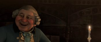 Movie still from “A Christmas Carol” (2009), directed by Robert Zemeckis – An old man wearing a wig and a wig cap; Close Up shot, High angle