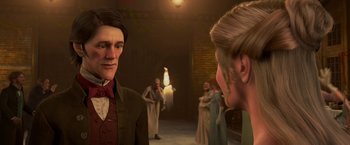 Movie still from “A Christmas Carol” (2009), directed by Robert Zemeckis – A man and a woman are talking to each other; Medium shot, Over the shoulder angle