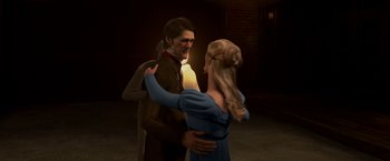 Movie still from “A Christmas Carol” (2009), directed by Robert Zemeckis – A man and a woman are dancing in the dark; Medium shot, Over the shoulder angle