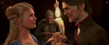 Movie still from “A Christmas Carol” (2009), directed by Robert Zemeckis – A man and a woman are holding hands while another man is holding a candle; Close Up shot, Over the shoulder angle