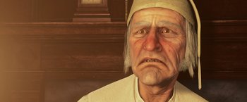 Movie still from “A Christmas Carol” (2009), directed by Robert Zemeckis – An old man wearing a white hat with a sad look on his face; Close Up shot, Over the shoulder angle
