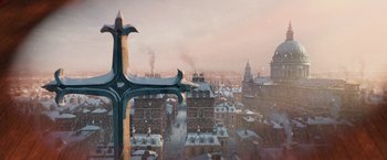 Movie still from “A Christmas Carol” (2009), directed by Robert Zemeckis – A view of a city from a window of a building; Extreme Wide shot, High angle