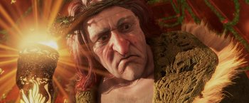 Movie still from “A Christmas Carol” (2009), directed by Robert Zemeckis – An old man with long red hair and a red beard; Close Up shot, Low angle