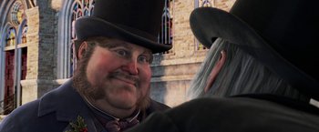 Movie still from “A Christmas Carol” (2009), directed by Robert Zemeckis – A person wearing a top hat; Close Up shot, Over the shoulder angle