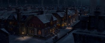 Movie still from “A Christmas Carol” (2009), directed by Robert Zemeckis – An image of a night scene of a city street; Extreme Wide shot, High angle