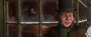 Movie still from “A Christmas Carol” (2009), directed by Robert Zemeckis – An older woman wearing a top hat looking out of a window; Medium shot, Over the shoulder angle