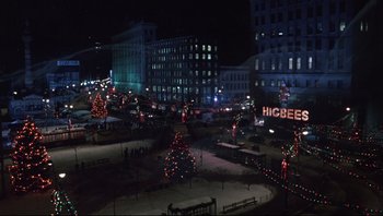 Movie still from “A Christmas Story” (1983), directed by Bob Clark – A view of a city at christmas time at night; Extreme Wide shot, High angle