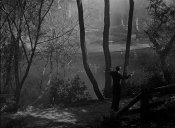 Movie still from “A Damsel in Distress” (1937), directed by George Stevens – A man standing on a hill near some trees; Extreme Wide shot, High angle