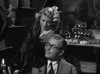 Movie still from “A Double Life” (1947), directed by George Cukor – A man and a woman sitting in a room; Medium shot, Over the shoulder angle