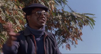 Movie still from “A Dry White Season” (1989), directed by Euzhan Palcy – A man wearing glasses and a hat standing next to a tree; Close Up shot, Low angle