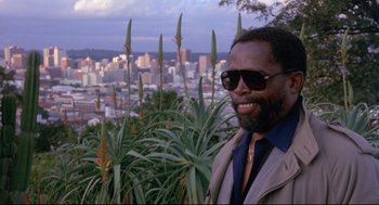 Movie still from “A Dry White Season” (1989), directed by Euzhan Palcy – A man standing on top of a hill next to tall plants; Close Up shot, Low angle