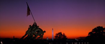 Movie still from “A Few Good Men” (1992), directed by Rob Reiner – The sun is setting behind the washington monument and the u; Extreme Wide shot, Low angle