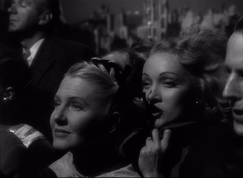 Movie still from “A Foreign Affair” (1948), directed by Billy Wilder – A black - and - white photo of two women; Close Up shot, Low angle