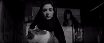Movie still from “A Girl Walks Home Alone at Night” (2014), directed by Ana Lily Amirpour – A woman in a black veil and a cat; Close Up shot, Low angle