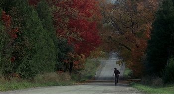Movie still from “A History of Violence” (2005), directed by David Cronenberg – A person walking down a road near a forest; Extreme Wide shot, High angle