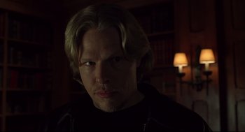 Movie still from “A History of Violence” (2005), directed by David Cronenberg – A person with long blonde hair; Close Up shot, Over the shoulder angle