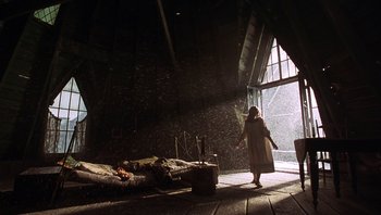 A woman standing in a room under a roof