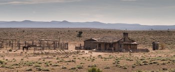 Movie still from “A Million Ways to Die in the West” (2014), directed by Seth MacFarlane – A herd of sheep grazing in a field next to a house; Extreme Wide shot, High angle