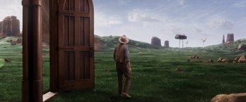Movie still from “A Million Ways to Die in the West” (2014), directed by Seth MacFarlane – A man standing in the grass near an open wooden door; Wide shot, Low angle