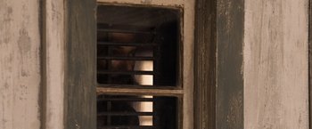 Movie still from “A Million Ways to Die in the West” (2014), directed by Seth MacFarlane – A dog is looking out of a window; Extreme Close Up shot, Over the shoulder angle