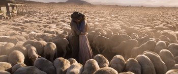 Movie still from “A Million Ways to Die in the West” (2014), directed by Seth MacFarlane – A woman and a man standing next to a herd of sheep; Wide shot, Low angle