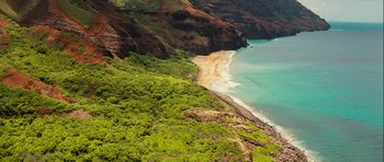 Movie still from “A Perfect Getaway” (2009), directed by David Twohy – A view of the ocean from a helicopter; Extreme Wide shot, High angle